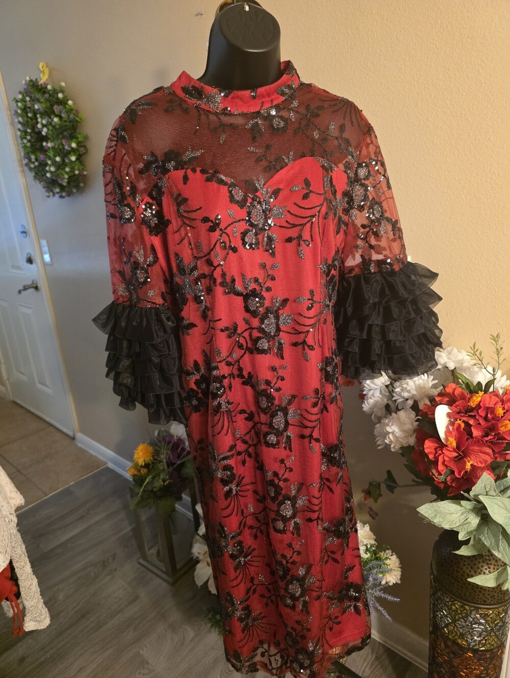 Red Embroidered Mesh Midi Dress with Ruffle Sleeves